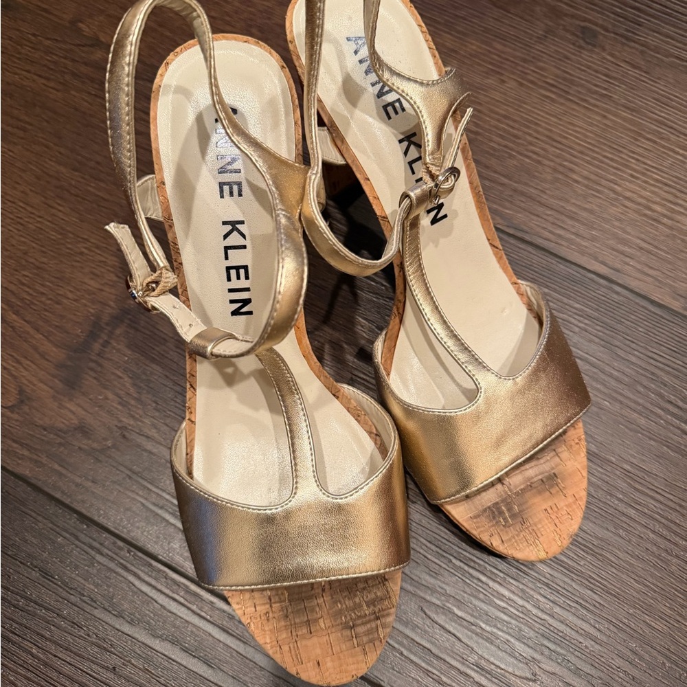 Anne Klein Metallic Gold Cork Wedge Slingbacks